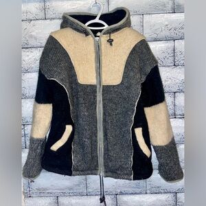 Lorenzi Wool Zip Up Jacket Size Large Fleece Lined with Hood Black/Grey/Cream